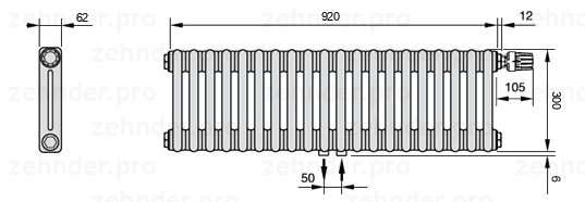 Схема (чертеж) Радиатор Zehnder Charleston 2030/20 №V008 Белый глянцевый RAL 9016